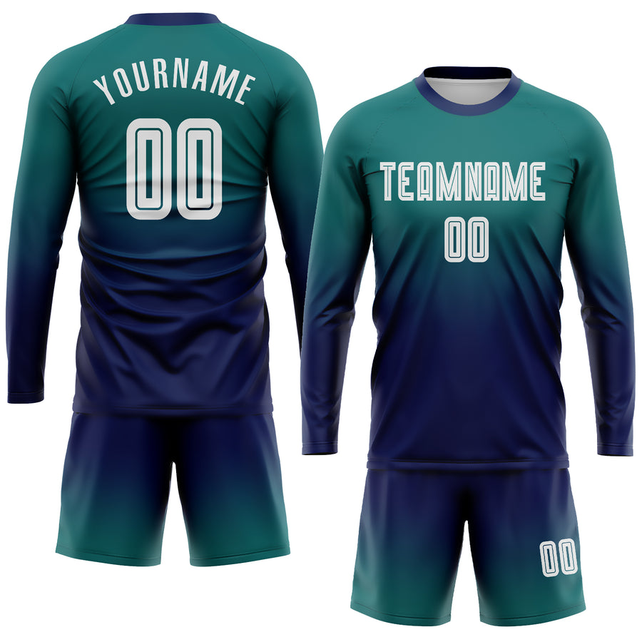 Custom Teal White-Navy Sublimation Long Sleeve Fade Fashion Soccer Uniform Jersey