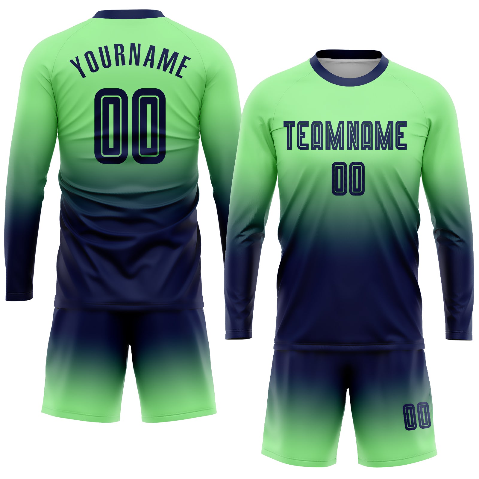 FANSIDEA Custom Pea Green Navy Sublimation Long Sleeve Fade Fashion Soccer Uniform Jersey Women's Size:M