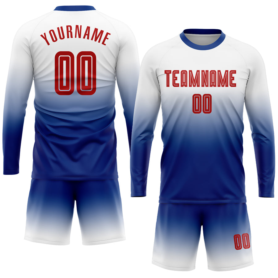 Custom White Red-Royal Sublimation Long Sleeve Fade Fashion Soccer Uniform Jersey