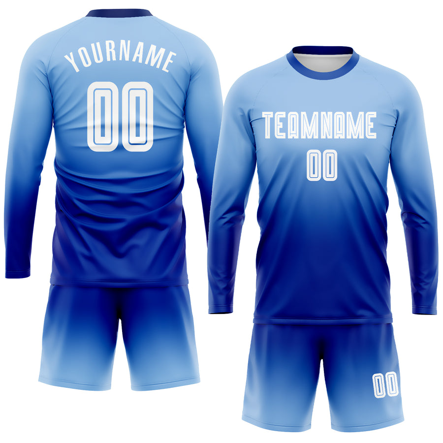 Custom Light Blue White-Royal Sublimation Long Sleeve Fade Fashion Soccer Uniform Jersey