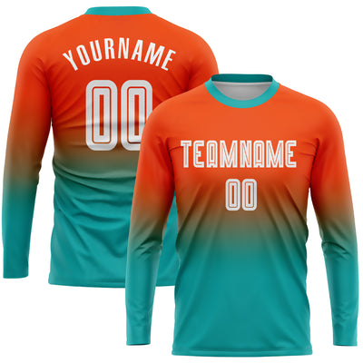 Custom Orange White-Aqua Sublimation Long Sleeve Fade Fashion Soccer Uniform Jersey