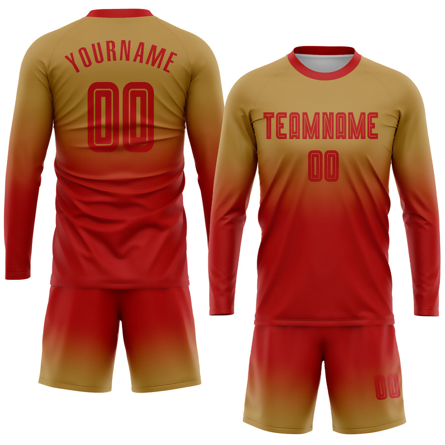 Custom Old Gold Red Sublimation Long Sleeve Fade Fashion Soccer Uniform Jersey