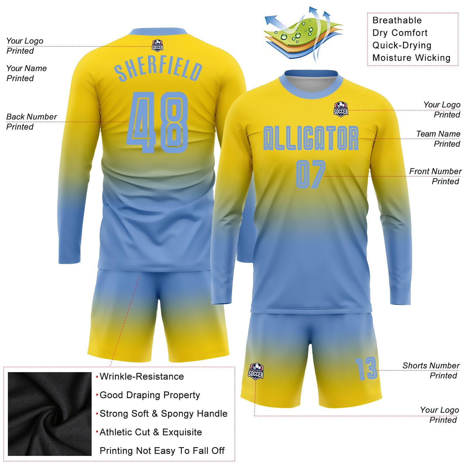 Custom Navy Gold Pinstripe Fade Fashion Sublimation Soccer Uniform