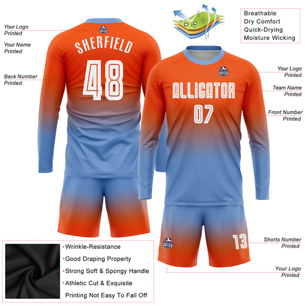 Custom Orange White-Brown Sublimation Long Sleeve Fade Fashion Soccer  Uniform Jersey