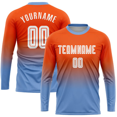 Custom Gold Light Blue Sublimation Long Sleeve Fade Fashion Soccer Uniform  Jersey