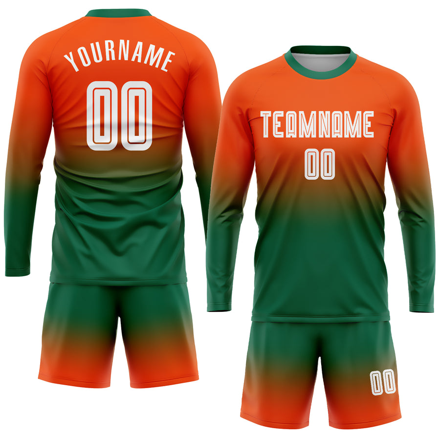 Custom Orange White-Kelly Green Sublimation Long Sleeve Fade Fashion Soccer Uniform Jersey