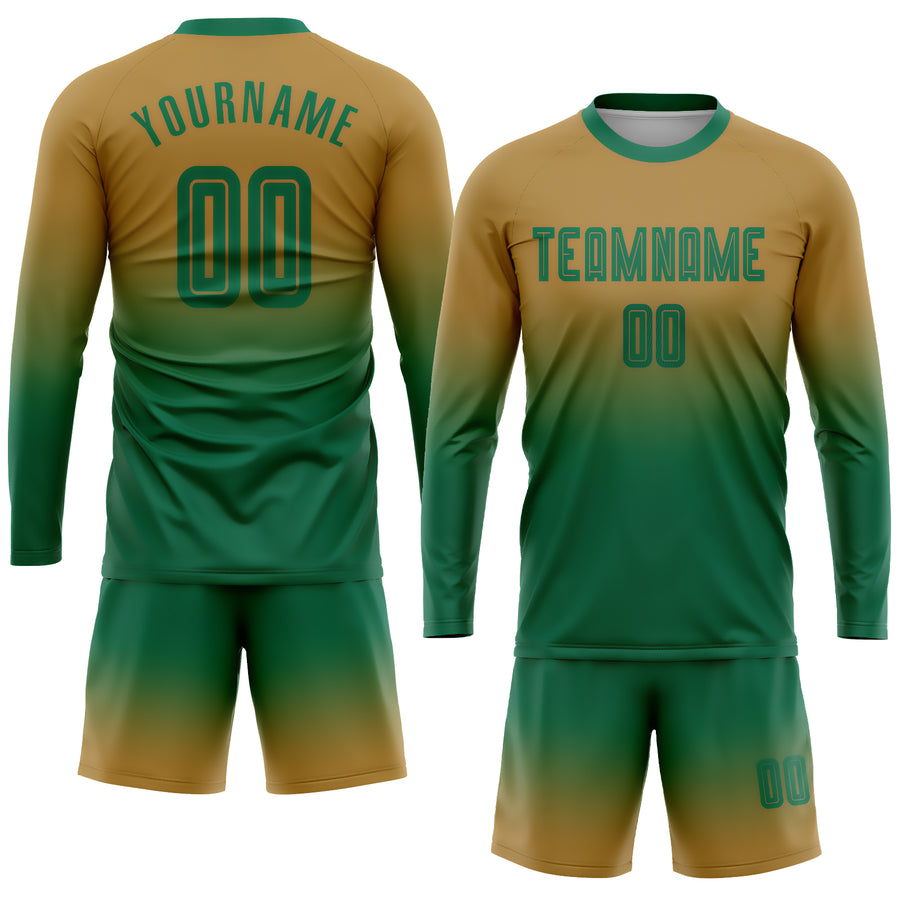 Custom Old Gold Kelly Green Sublimation Long Sleeve Fade Fashion Soccer Uniform Jersey