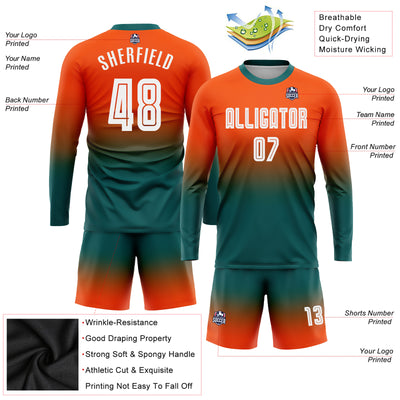 Custom Orange White-Teal  Sublimation Long Sleeve Fade Fashion Soccer Uniform Jersey