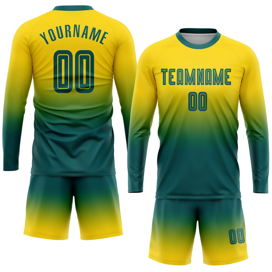 Custom Gold Teal Sublimation Long Sleeve Fade Fashion Soccer Uniform Jersey