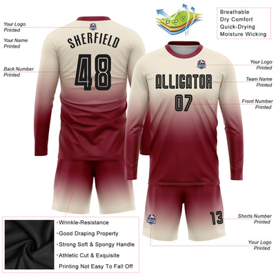 Custom Cream Black-Crimson Sublimation Long Sleeve Fade Fashion Soccer Uniform Jersey