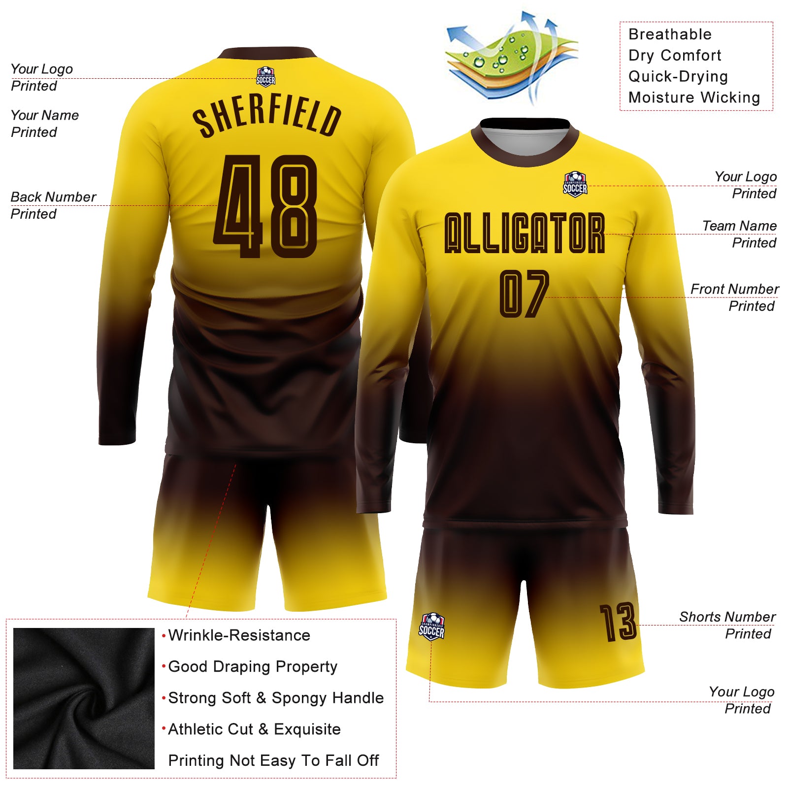 Custom Gold Orange Sublimation Fade Fashion Soccer Uniform Jersey