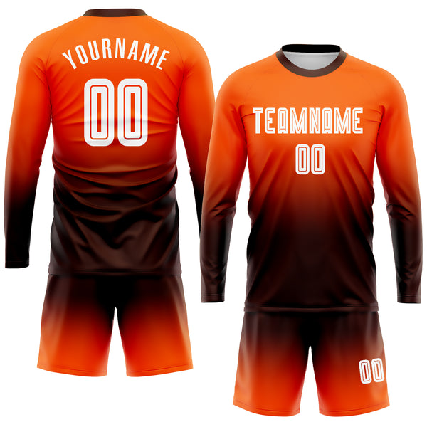 Custom Orange White-Brown Sublimation Long Sleeve Fade Fashion Soccer  Uniform Jersey