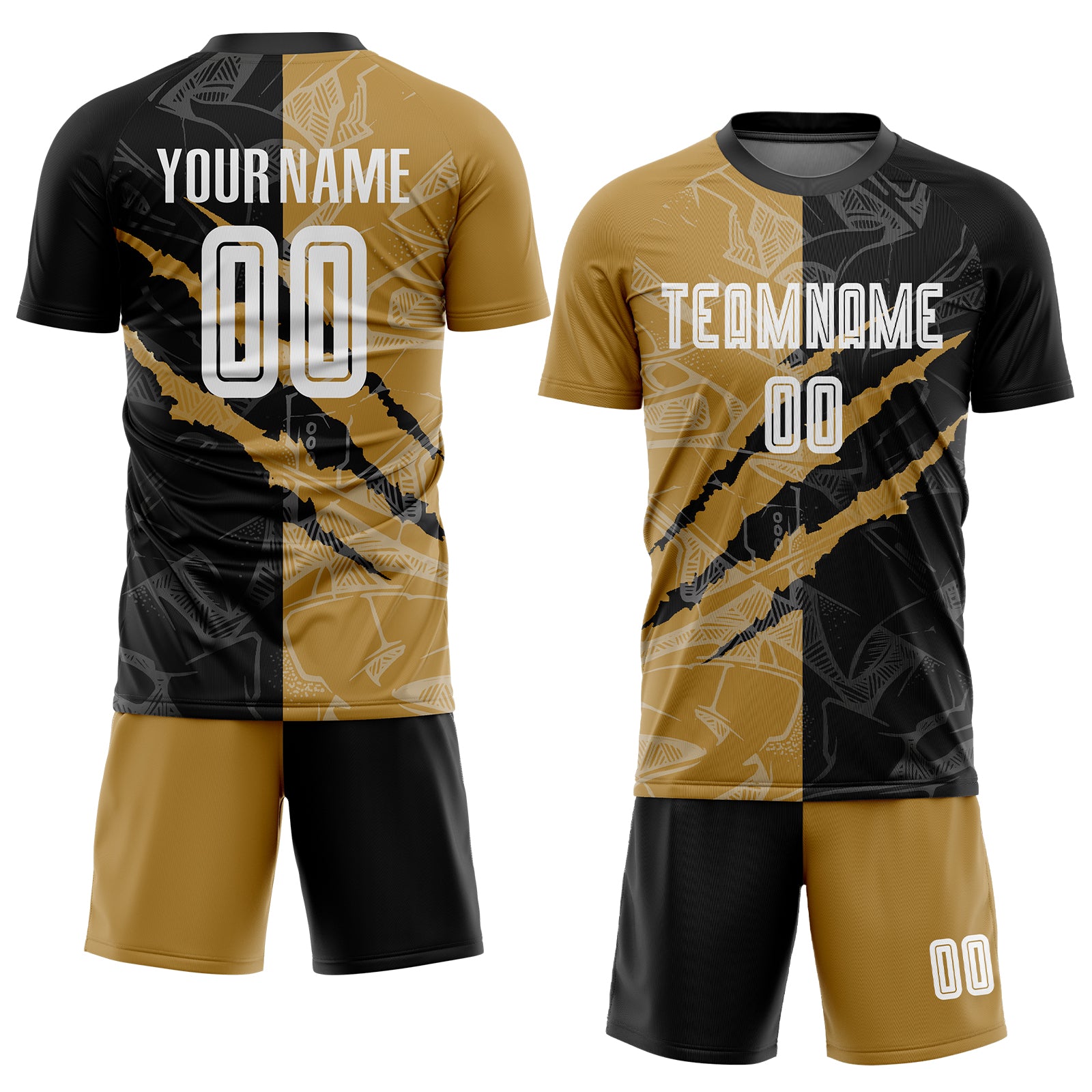 Custom Graffiti Pattern White Black-Old Gold Sublimation Soccer Uniform Jersey