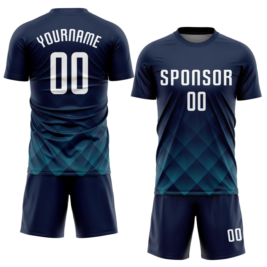 Custom Navy White-Teal Sublimation Soccer Uniform Jersey