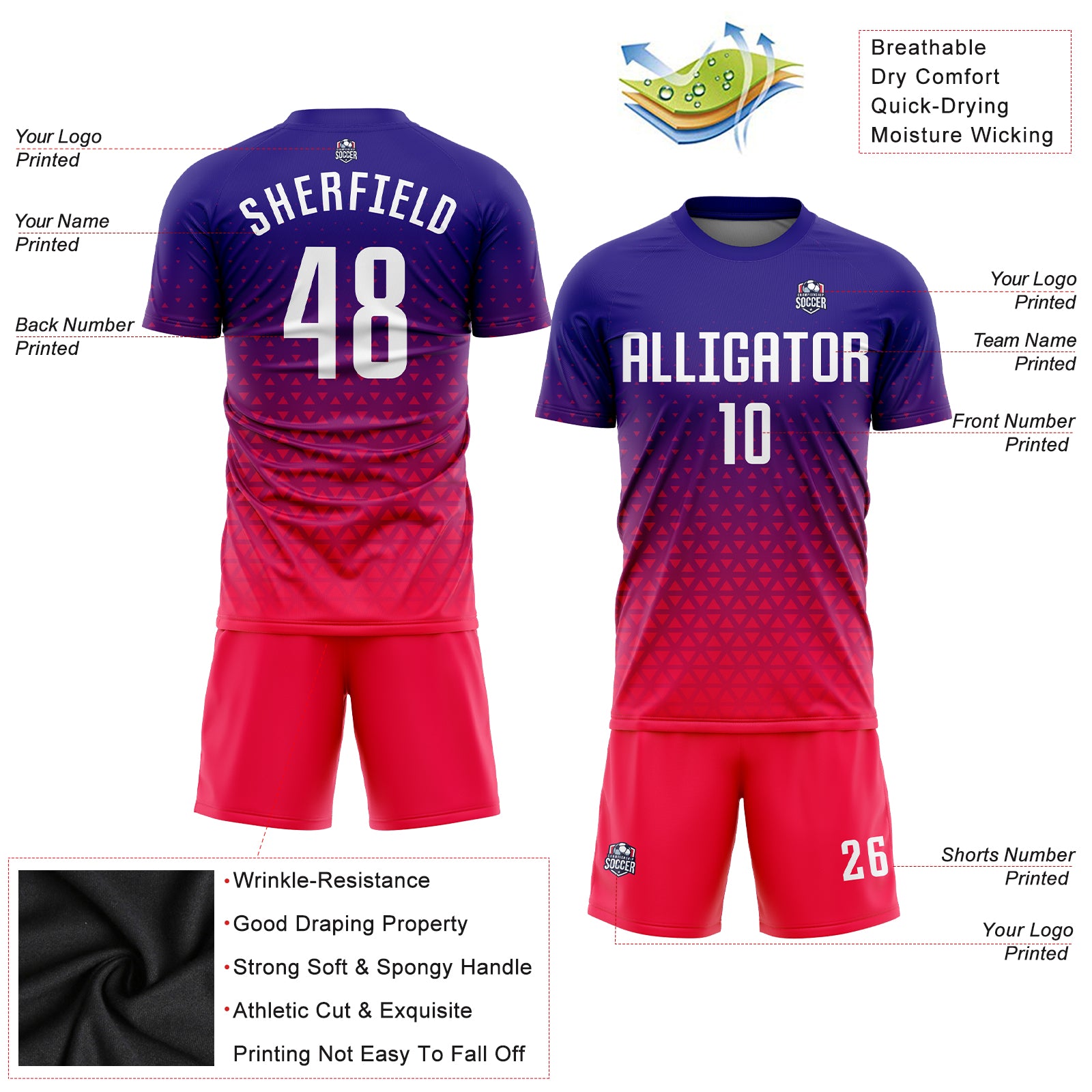 Pink Purple Custom Extra Large Soccer Jersey Uniform Polyester Quick Dry  Team Football Player Jersey Shorts Sublimation Prin