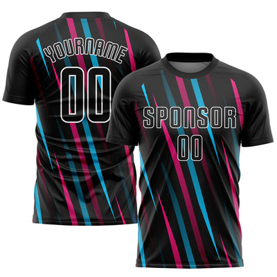 Custom Black Black Light Blue-Pink Sublimation Soccer Uniform Jersey