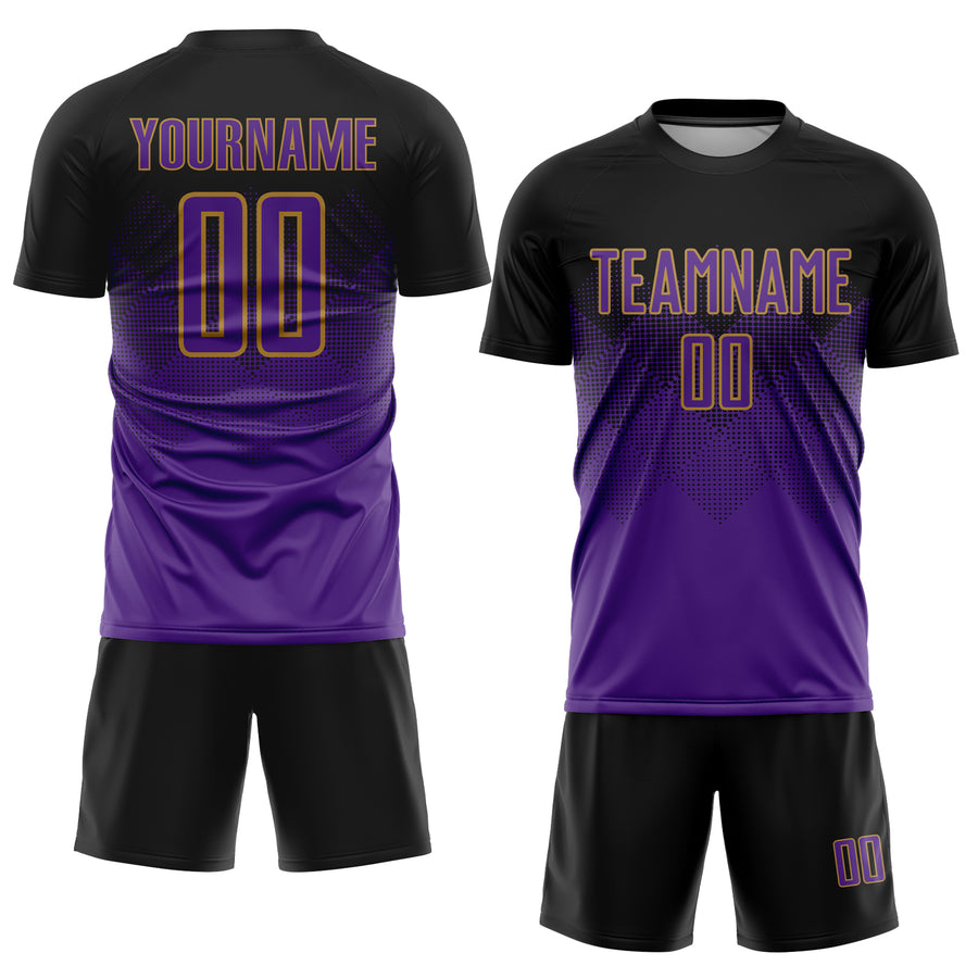 Custom Black Purple-Old Gold Sublimation Soccer Uniform Jersey