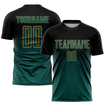 Custom Black Midnight Green-Old Gold Sublimation Soccer Uniform Jersey