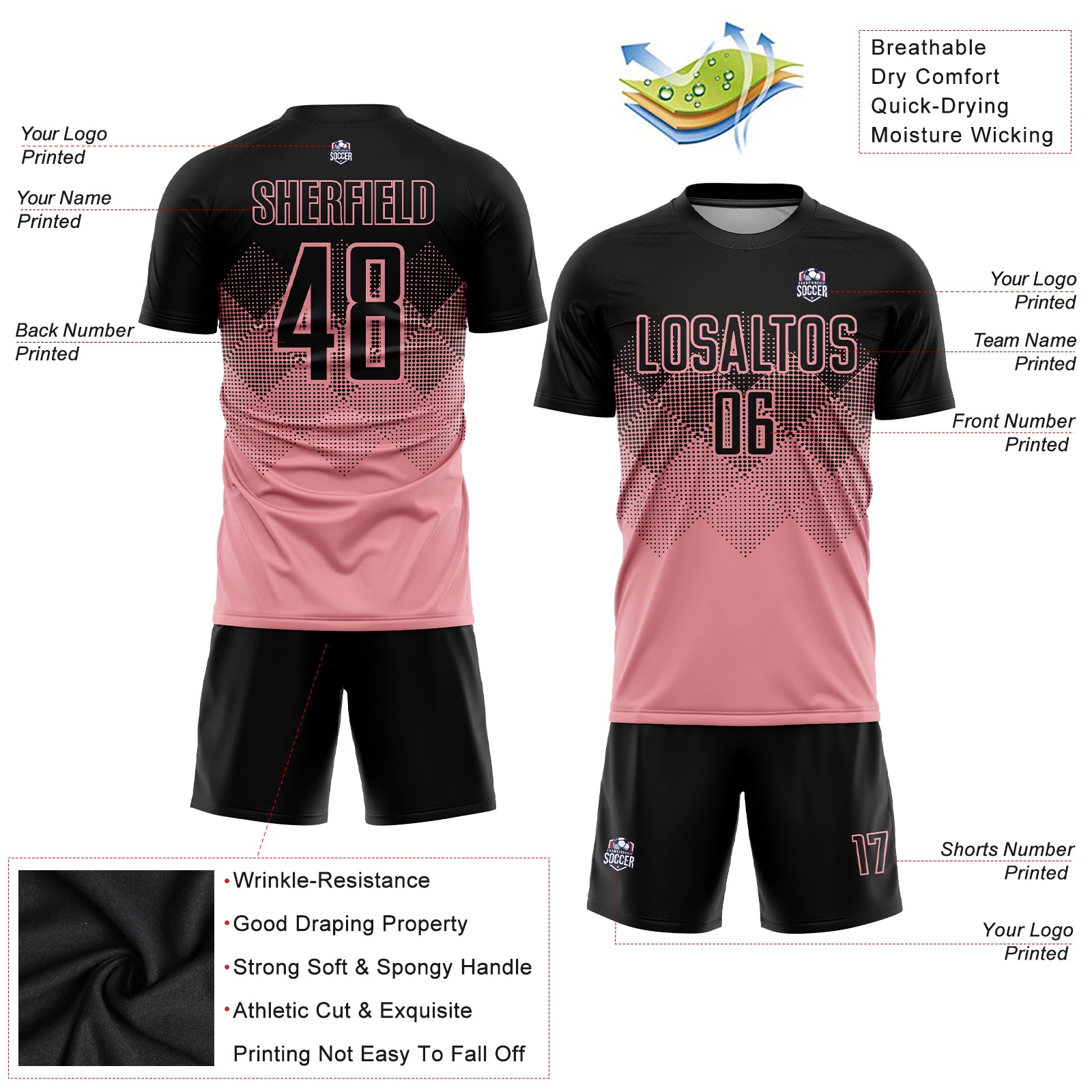 Custom Medium Pink Black Sublimation Soccer Uniform Jersey