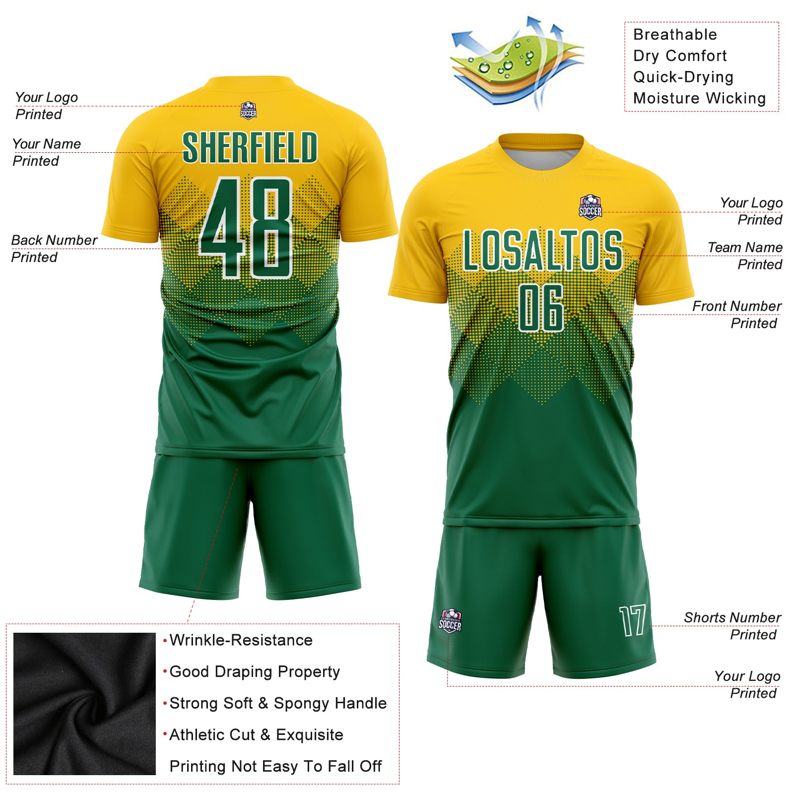 Custom Green Yellow Sublimation Soccer Uniform Jersey Discount