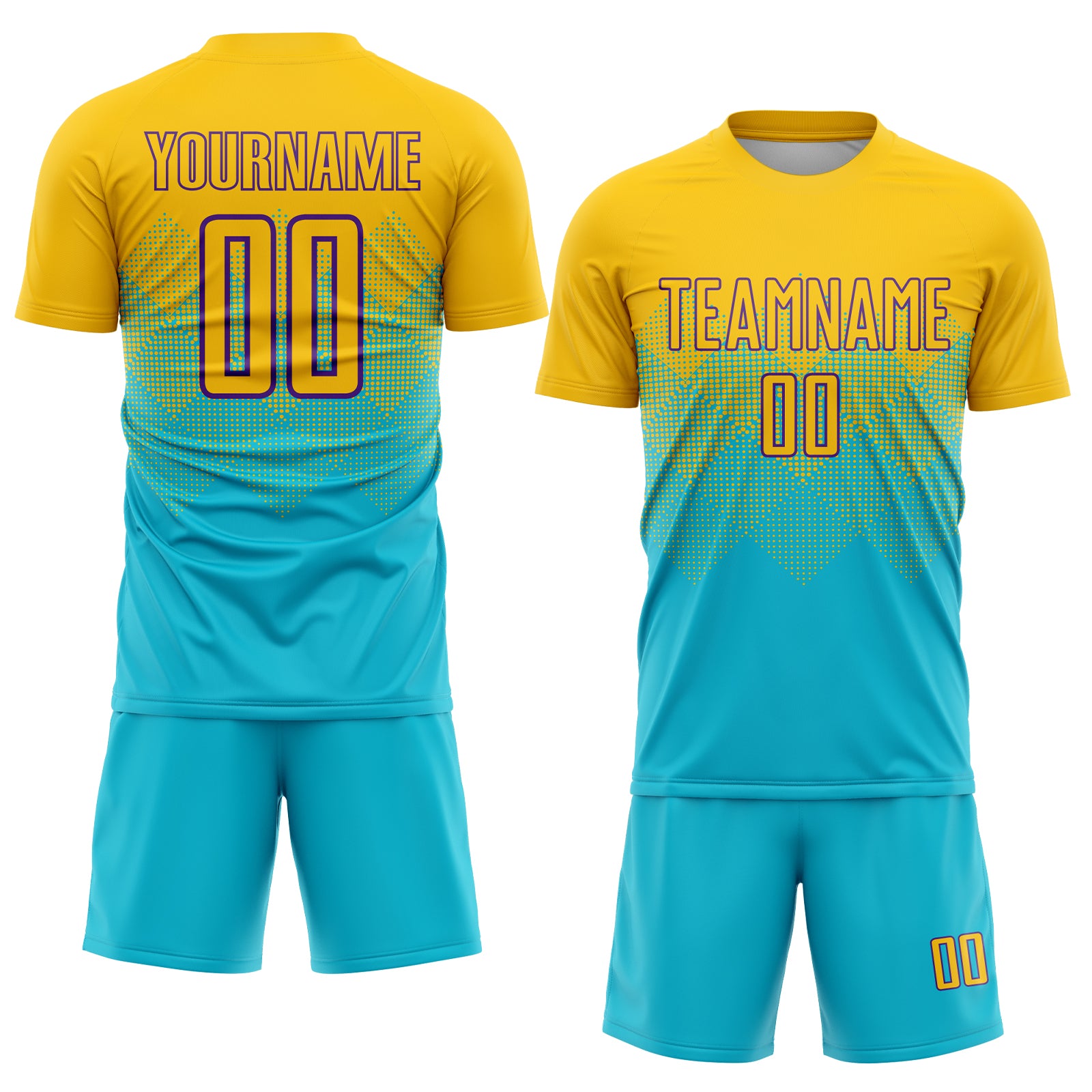 Custom Aqua Blue Gold-Purple Sublimation Soccer Uniform Jersey