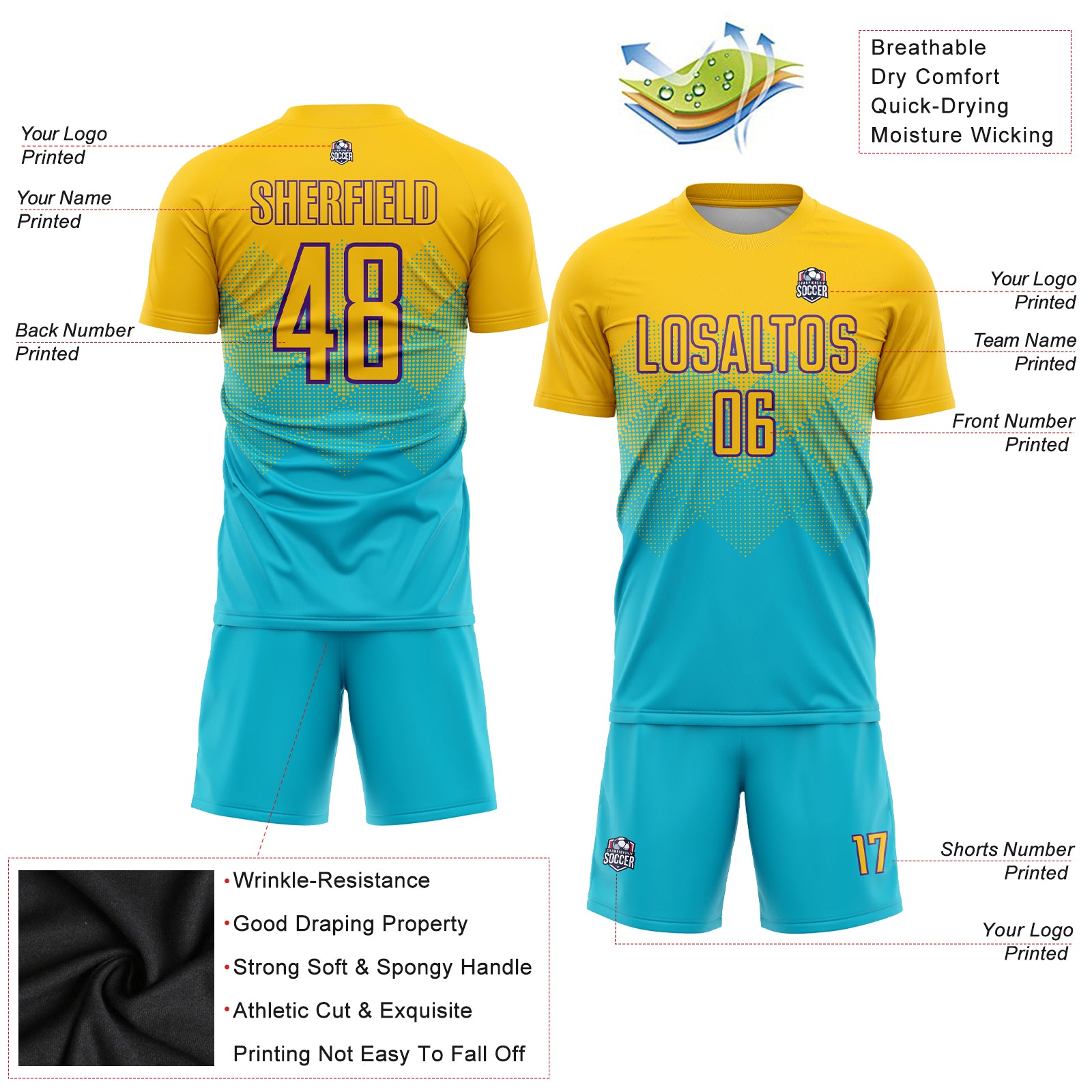 Custom Aqua Blue Gold-Purple Sublimation Soccer Uniform Jersey