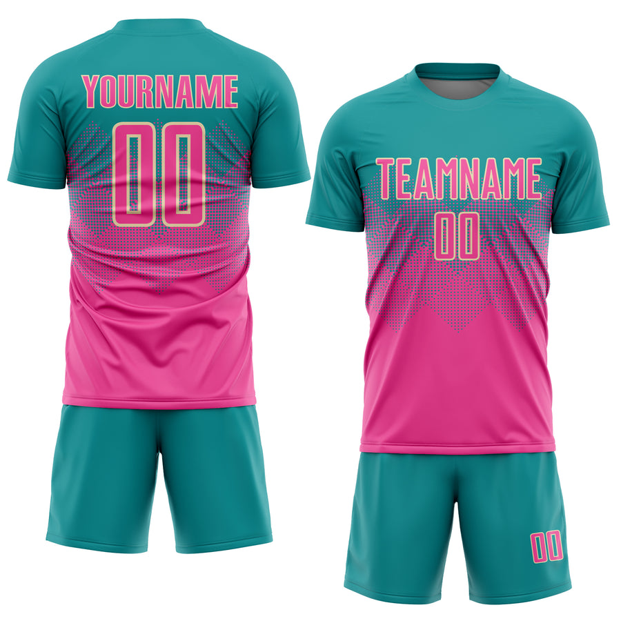 Custom Teal Pink-Cream Sublimation Soccer Uniform Jersey