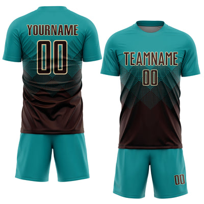 Custom Teal Brown-Cream Sublimation Soccer Uniform Jersey