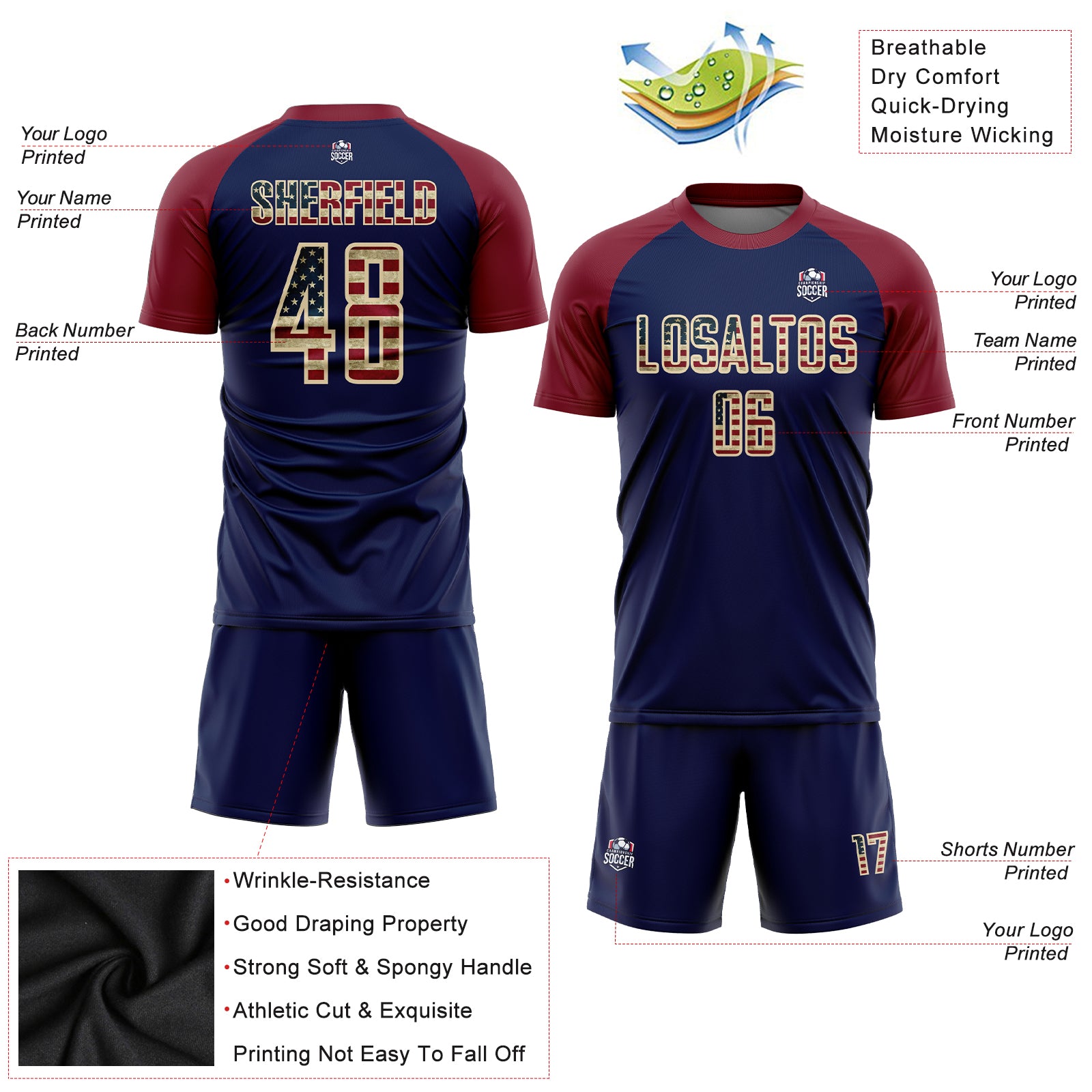 Custom Crimson Vintage USA Flag Navy-Cream Sublimation Soccer Uniform Jersey