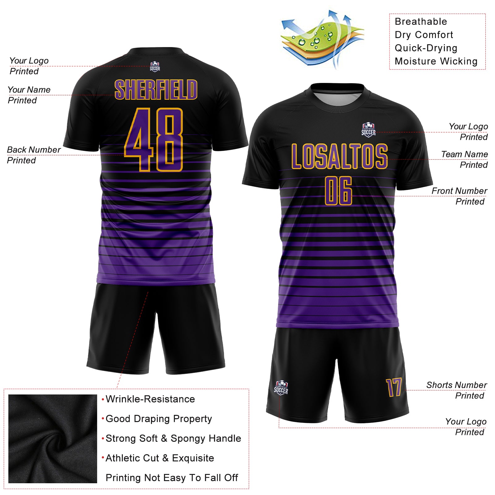 Custom Purple Gold Pinstripe Fade Fashion Sublimation Soccer Uniform Jersey