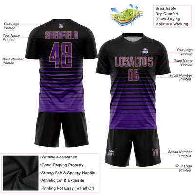 Custom Black Purple-Old Gold Pinstripe Fade Fashion Sublimation Soccer Uniform Jersey