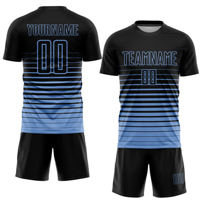 Custom Black Light Blue Pinstripe Fade Fashion Sublimation Soccer Uniform Jersey