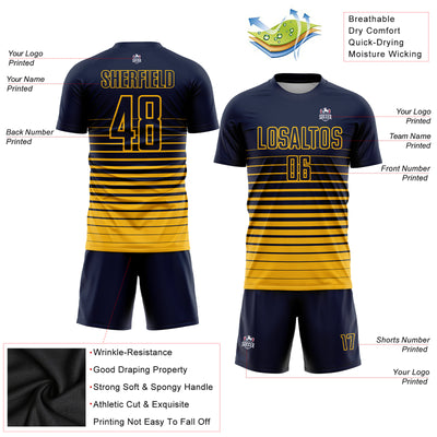 Custom Navy Gold Pinstripe Fade Fashion Sublimation Soccer Uniform Jersey