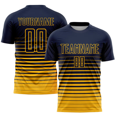 Custom Navy Gold Pinstripe Fade Fashion Sublimation Soccer Uniform Jersey