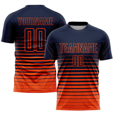 Custom Navy Orange Pinstripe Fade Fashion Sublimation Soccer Uniform Jersey