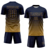 Custom Navy Old Gold Pinstripe Fade Fashion Sublimation Soccer Uniform Jersey