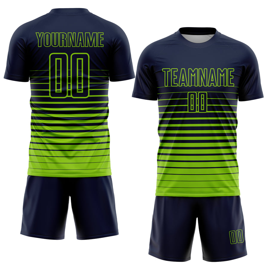 Custom Navy Neon Green Pinstripe Fade Fashion Sublimation Soccer Uniform Jersey