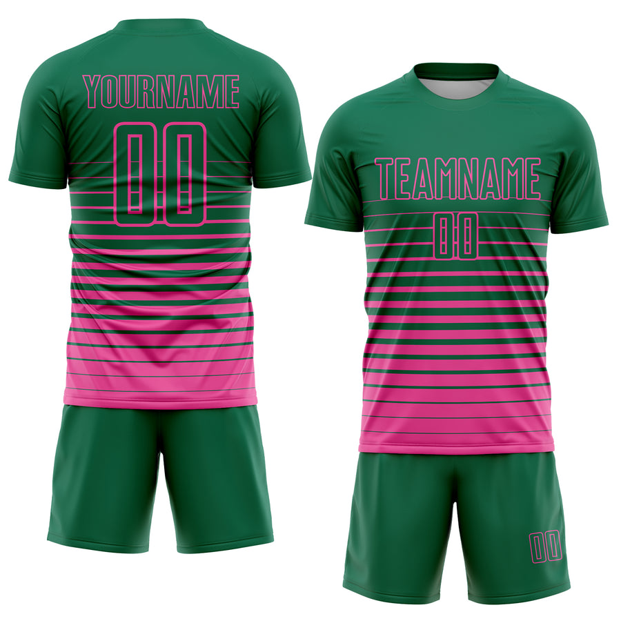 Custom Kelly Green Pink Pinstripe Fade Fashion Sublimation Soccer Uniform Jersey