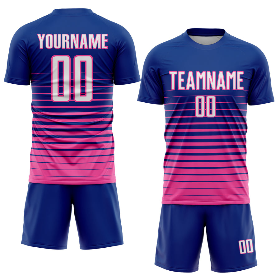 Custom Royal White-Pink Pinstripe Fade Fashion Sublimation Soccer Uniform Jersey