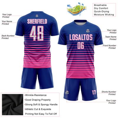 Custom Royal White-Pink Pinstripe Fade Fashion Sublimation Soccer Uniform Jersey