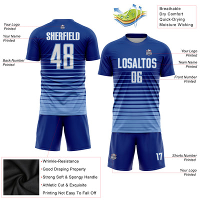 Custom Royal White-Light Blue Pinstripe Fade Fashion Sublimation Soccer Uniform Jersey