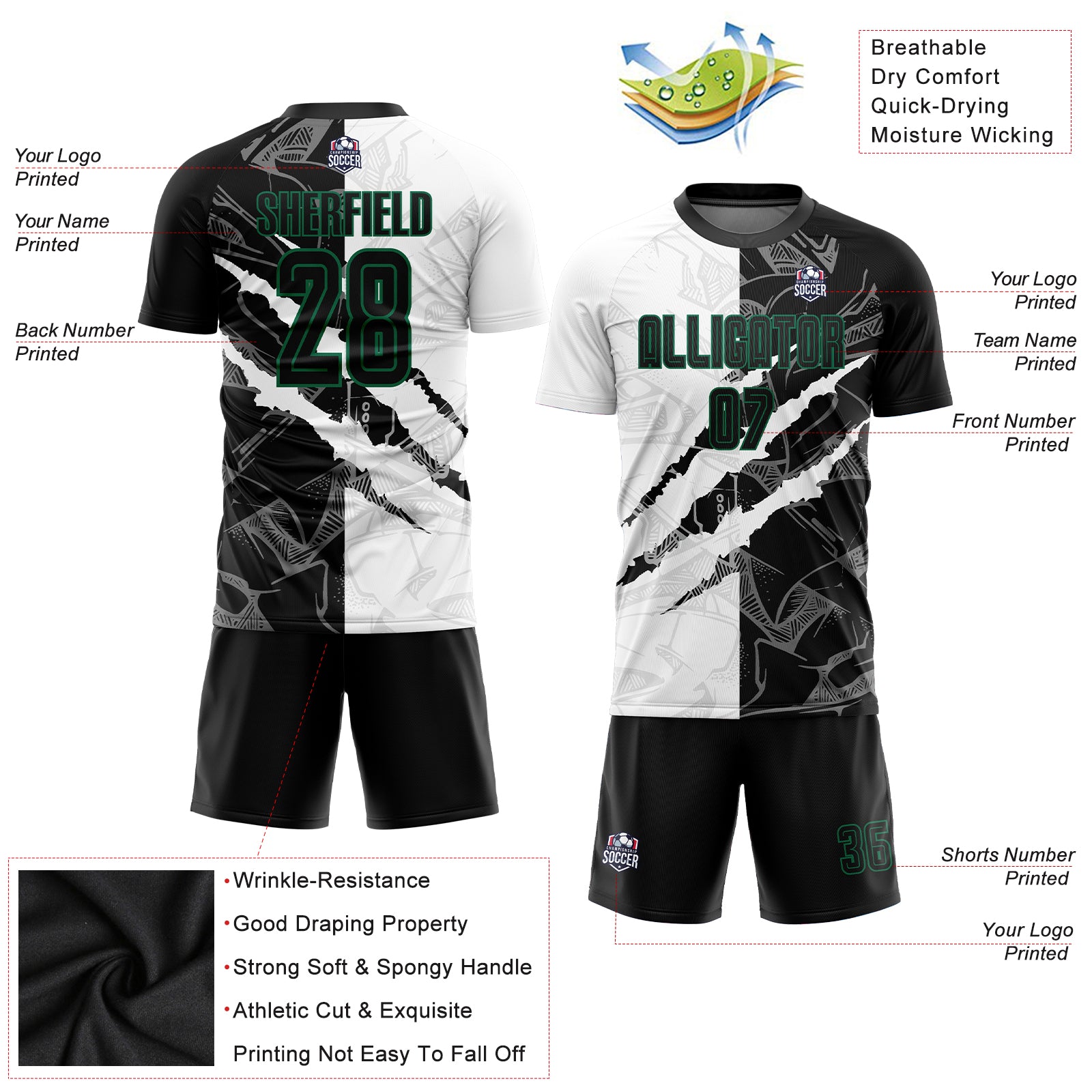 Custom Graffiti Pattern Soccer Uniform Jersey Black-Kelly Green Scratch  Sublimation - FansIdea