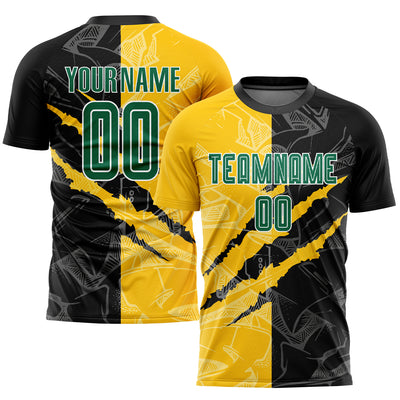 Custom Graffiti Pattern Kelly Green Black-Yellow Scratch Sublimation Soccer Uniform Jersey