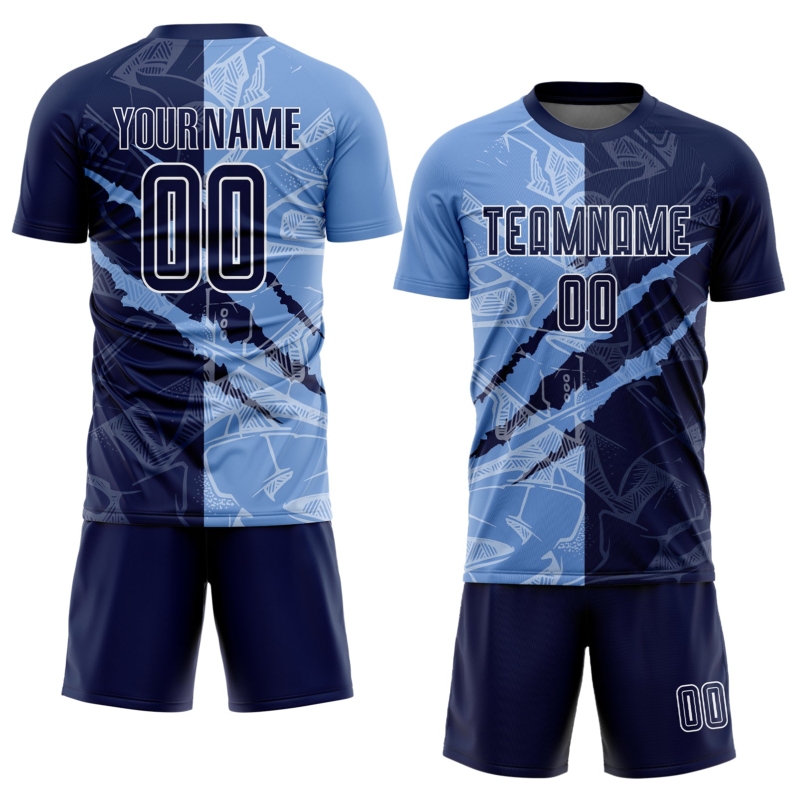 Custom Graffiti Pattern Navy-Light Blue Scratch Sublimation Soccer Uniform Jersey