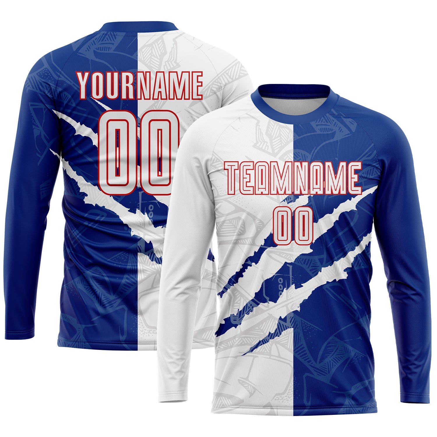 Custom Graffiti Pattern White Royal-Red Scratch Sublimation Soccer Uniform Jersey