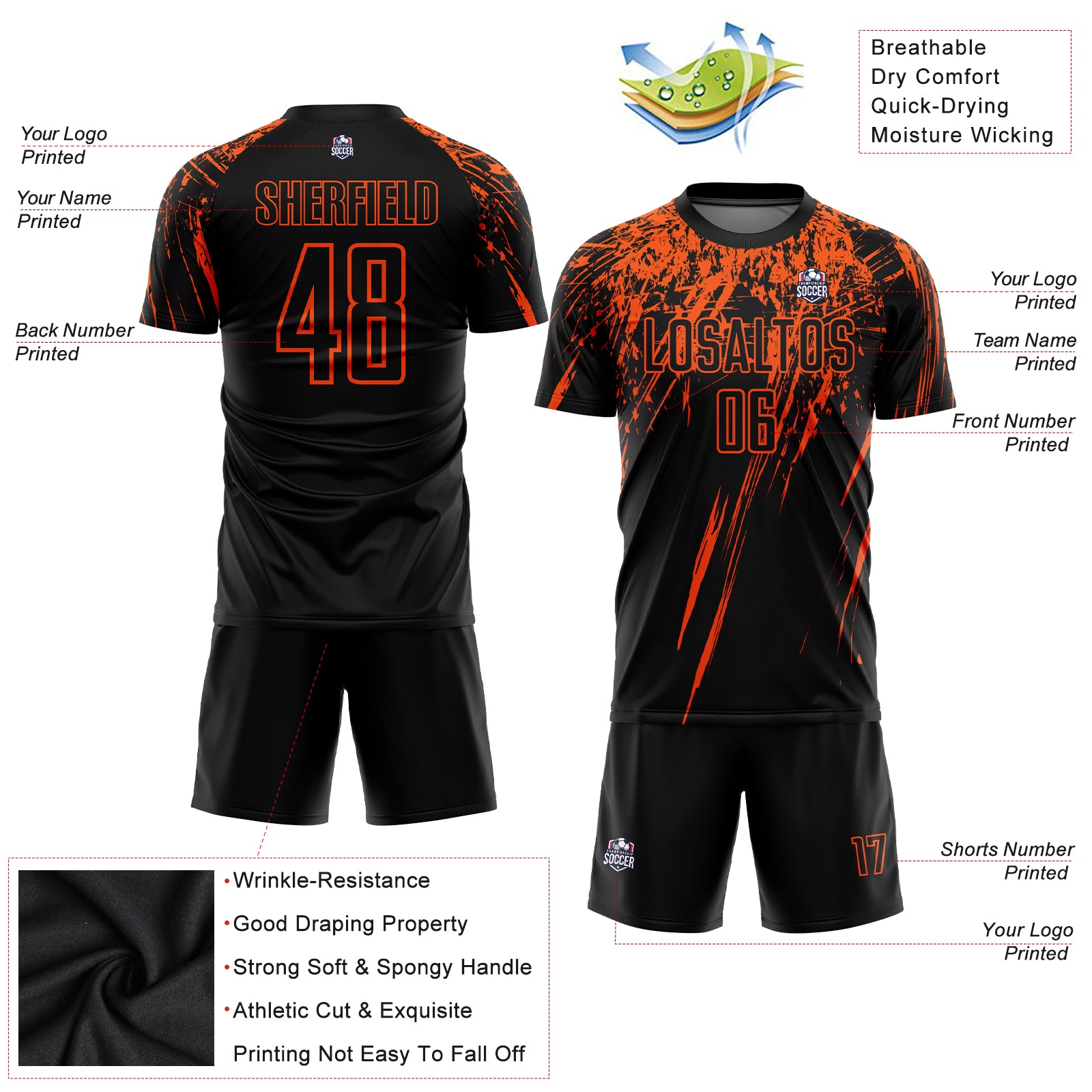 Custom Black Soccer Uniform Jersey Orange Sublimation - FansIdea