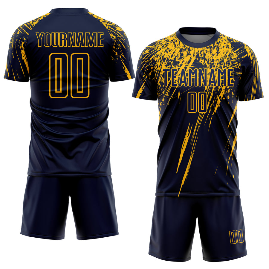 Custom Navy Yellow Sublimation Soccer Uniform Jersey