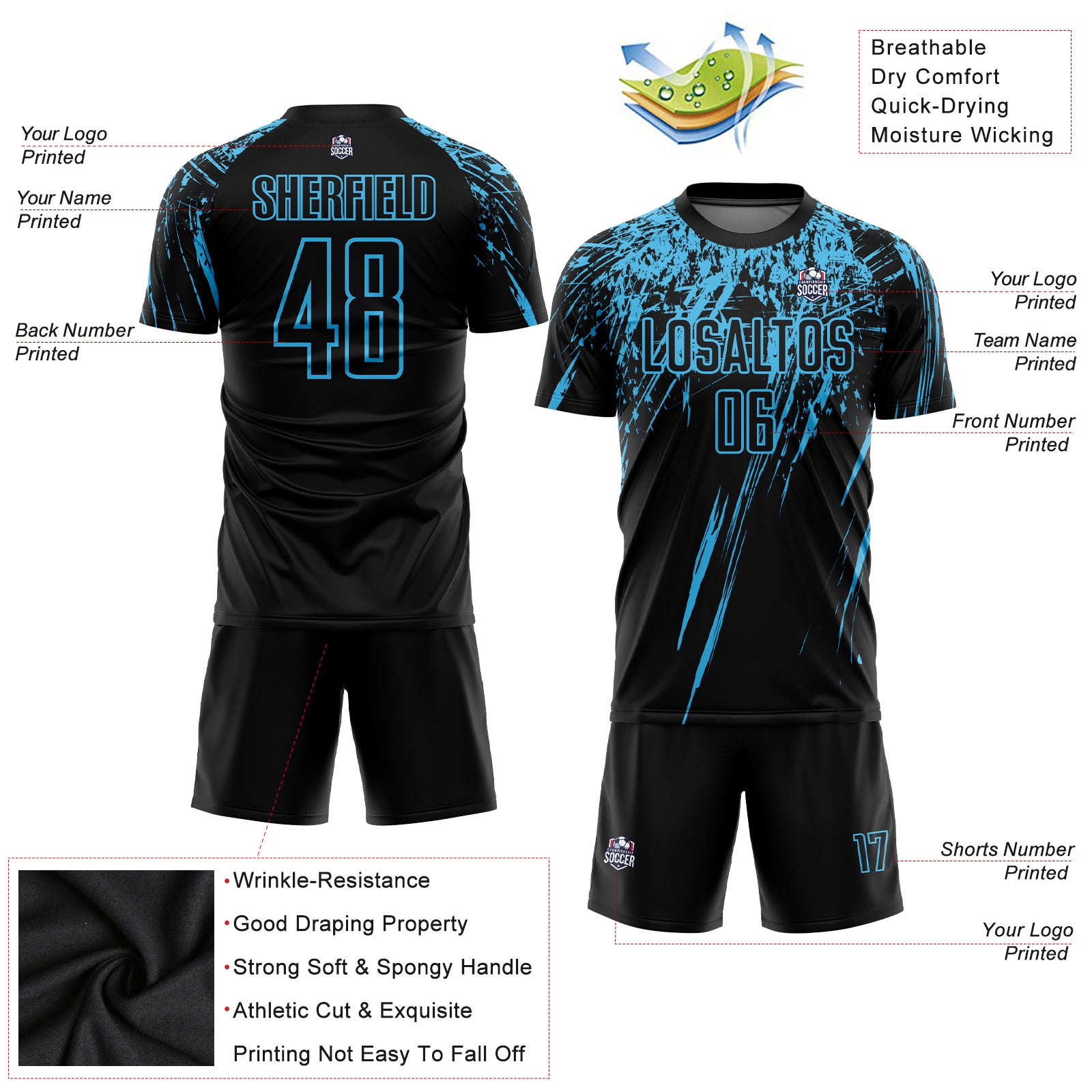 Custom Sky Blue Yellow-Black Sublimation Soccer Uniform Jersey