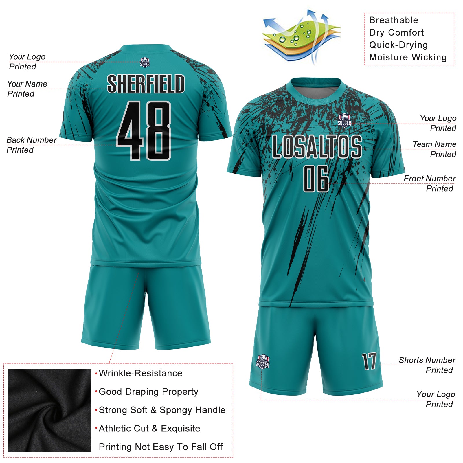 Custom Teal Black-White Sublimation Soccer Uniform Jersey