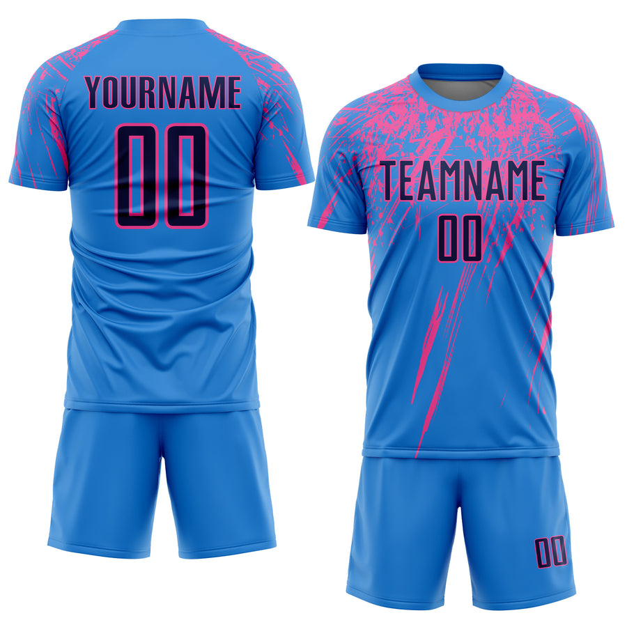 Custom Powder Blue Navy-Pink Sublimation Soccer Uniform Jersey